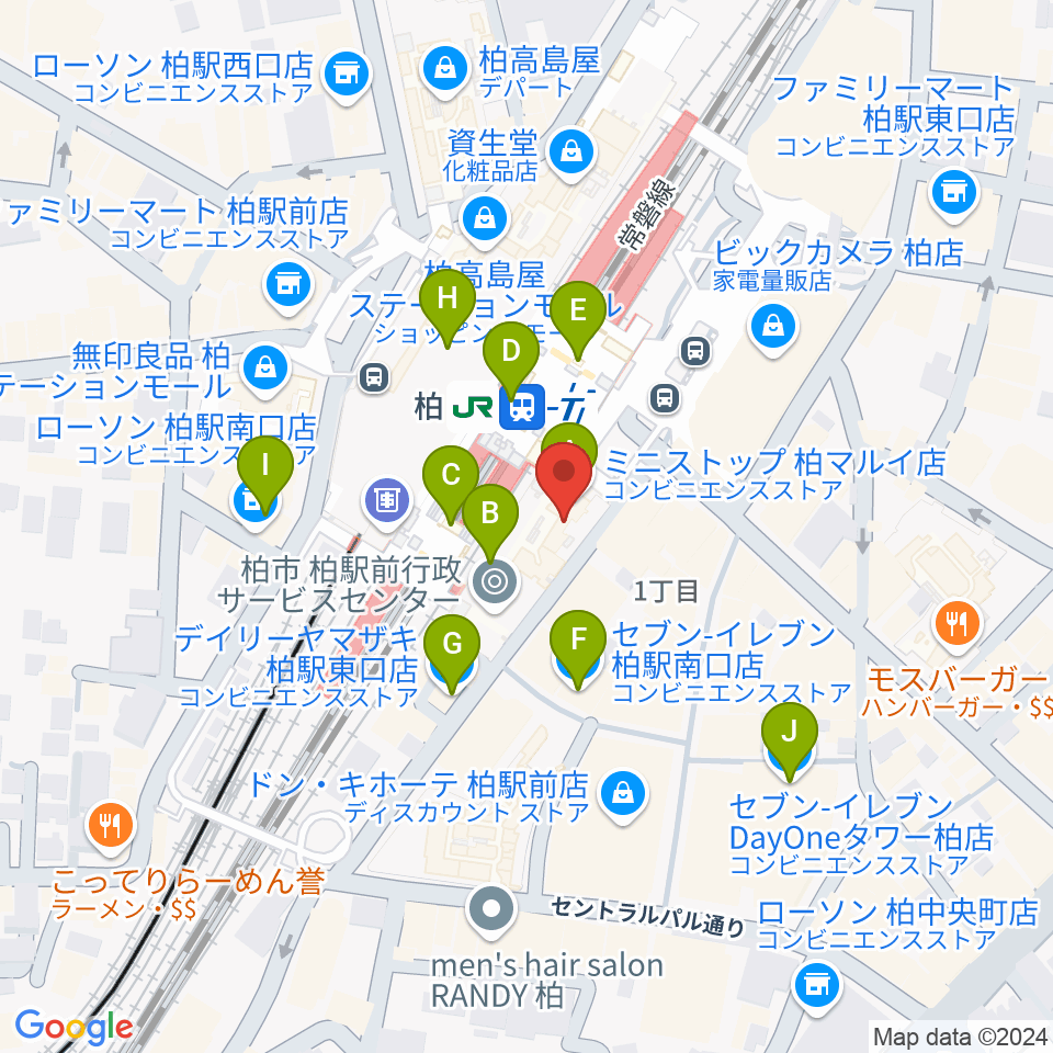 ヤマノミュージックセンター柏駅前周辺のコンビニエンスストア一覧地図