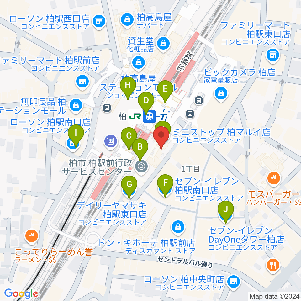 ヤマノミュージックセンター柏駅前周辺のコンビニエンスストア一覧地図