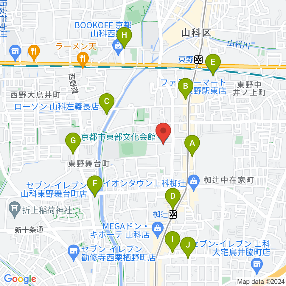 京都市東部文化会館周辺のコンビニエンスストア一覧地図