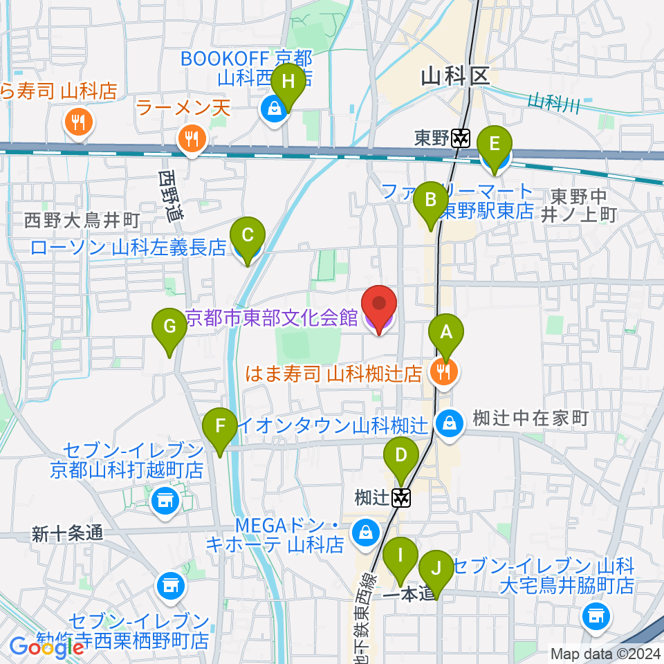 京都市東部文化会館周辺のコンビニエンスストア一覧地図