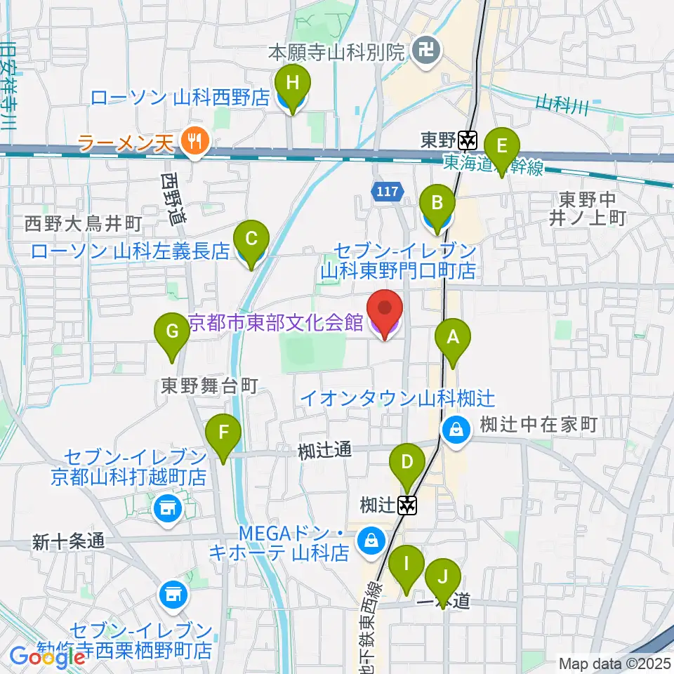 京都市東部文化会館周辺のコンビニエンスストア一覧地図