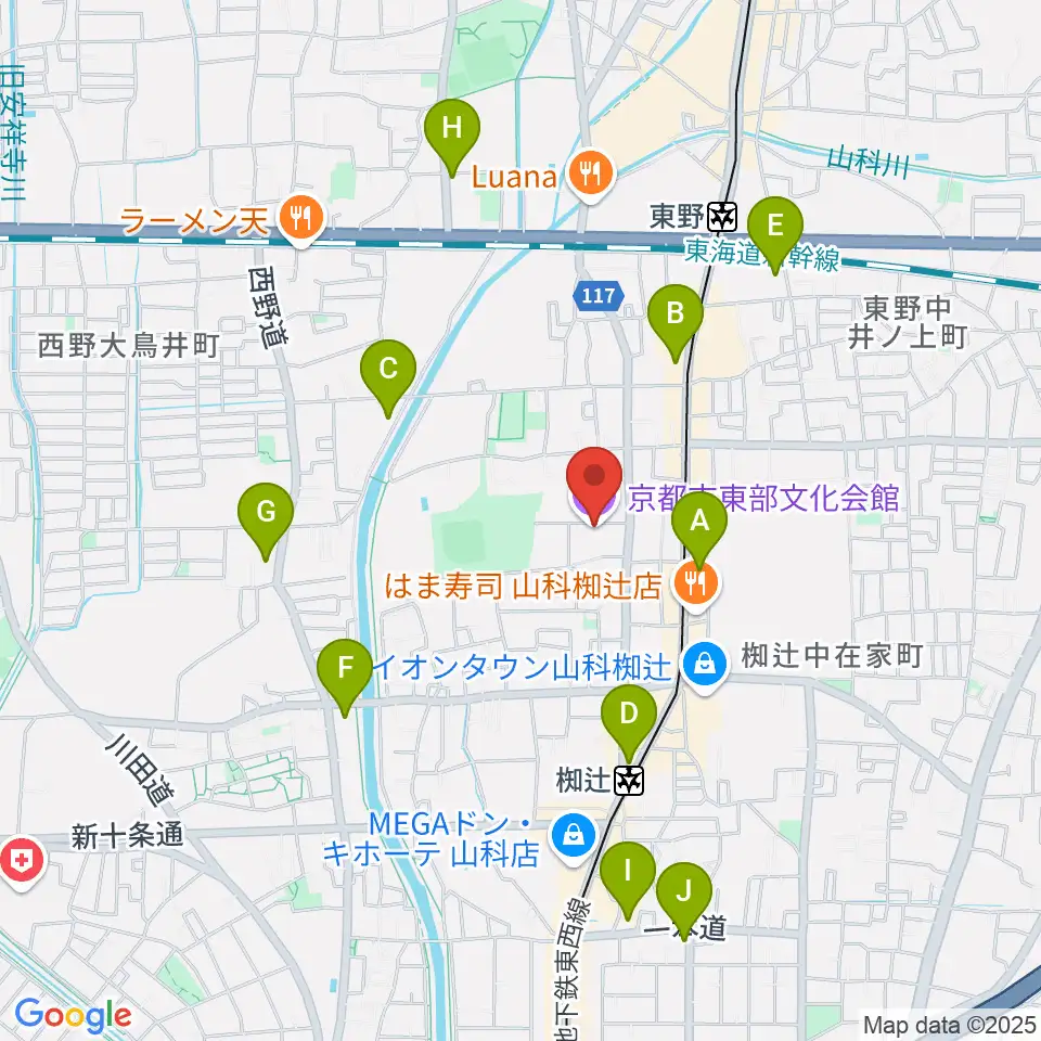 京都市東部文化会館周辺のコンビニエンスストア一覧地図