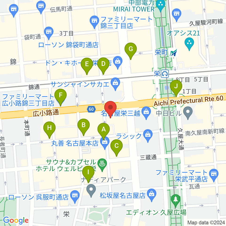 イシバシ楽器 名古屋栄店周辺のコンビニエンスストア一覧地図