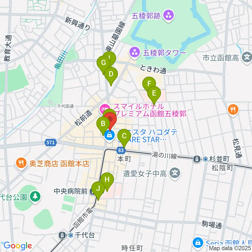 五稜郭センター ヤマハミュージック周辺のコンビニエンスストア一覧地図