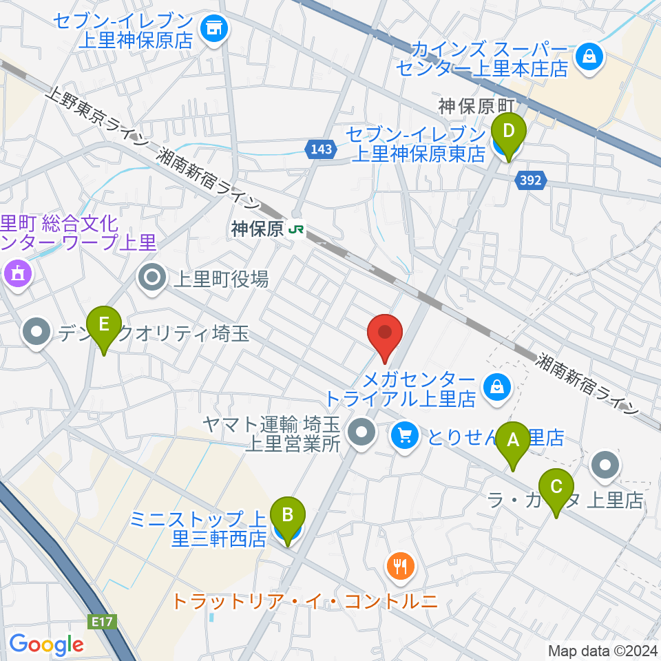 本庄かみさと総合センター ヤマハミュージック周辺のコンビニエンスストア一覧地図