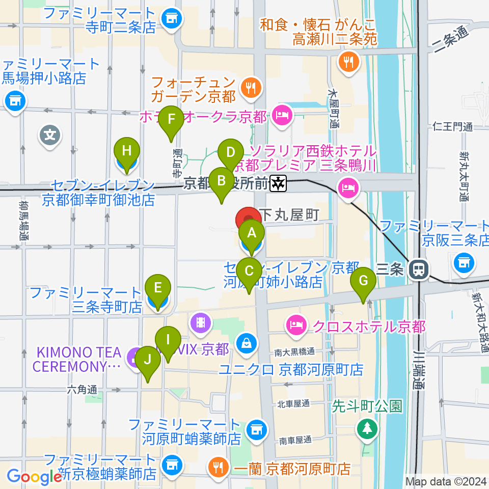 ロキシーミュージックスクール京都三条校周辺のコンビニエンスストア一覧地図