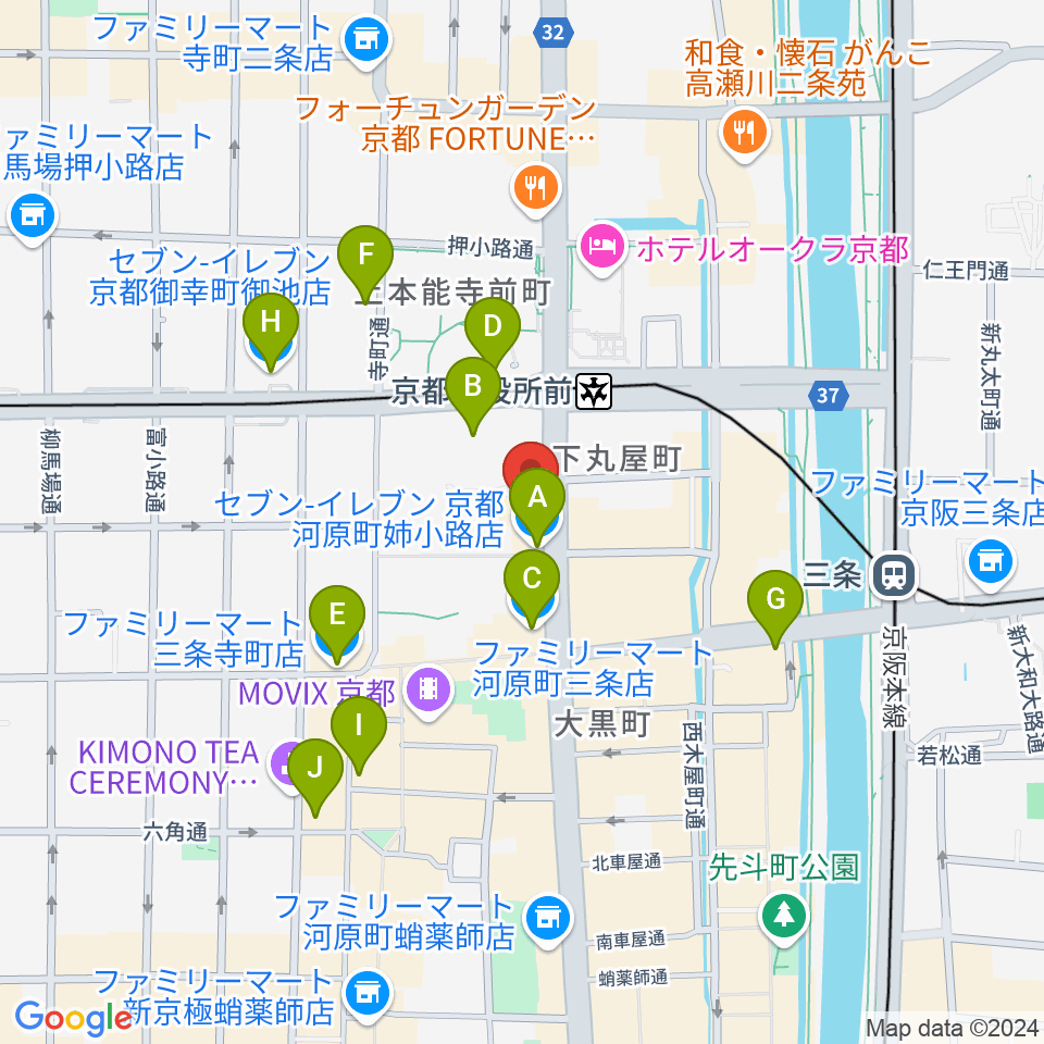 ロキシーミュージックスクール京都三条校周辺のコンビニエンスストア一覧地図