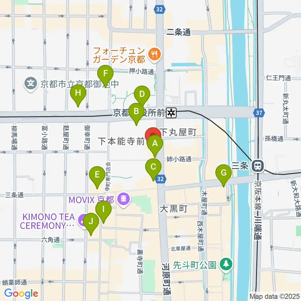 ロキシーミュージックスクール京都三条校周辺のコンビニエンスストア一覧地図