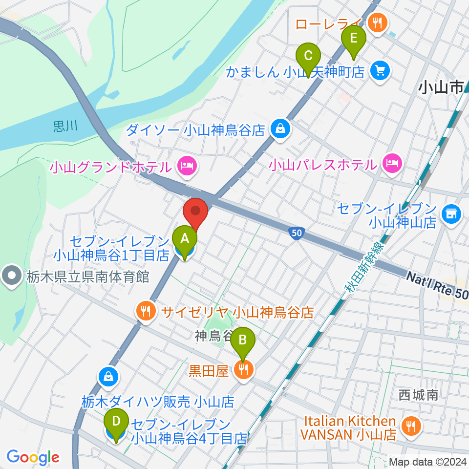 小山センター ヤマハミュージック周辺のコンビニエンスストア一覧地図