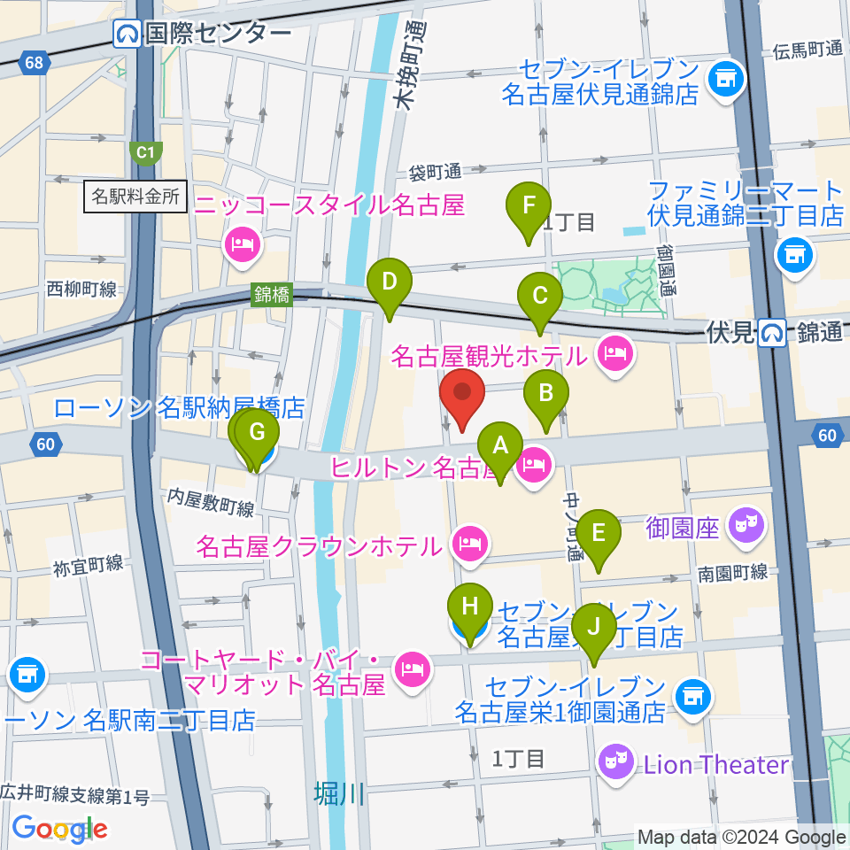 ヤマハミュージック 名古屋店周辺のコンビニエンスストア一覧地図