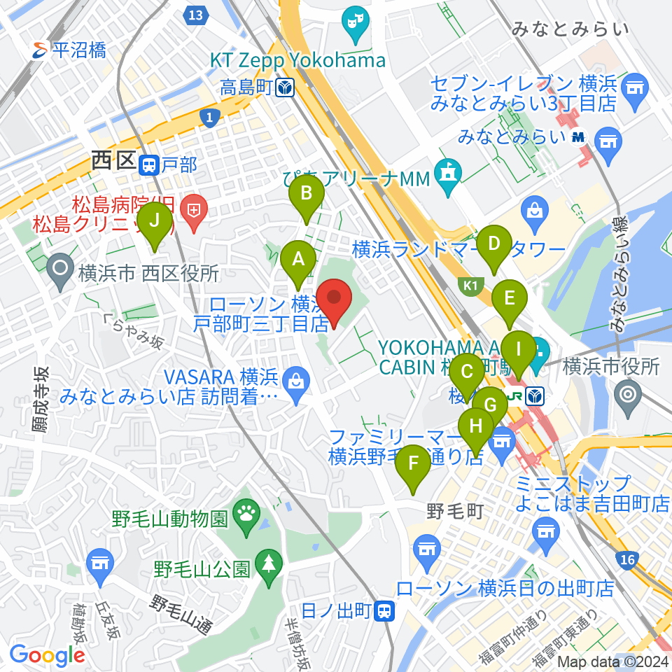 横浜能楽堂周辺のコンビニエンスストア一覧地図