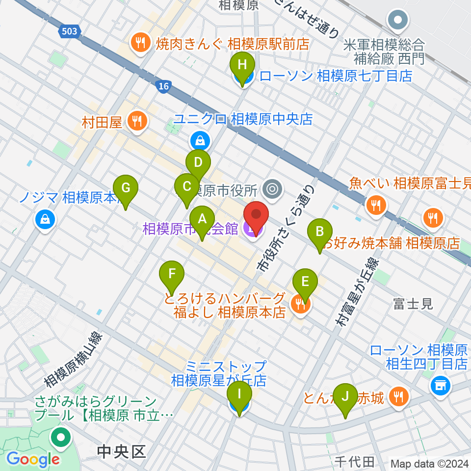 相模原市民会館周辺のコンビニエンスストア一覧地図