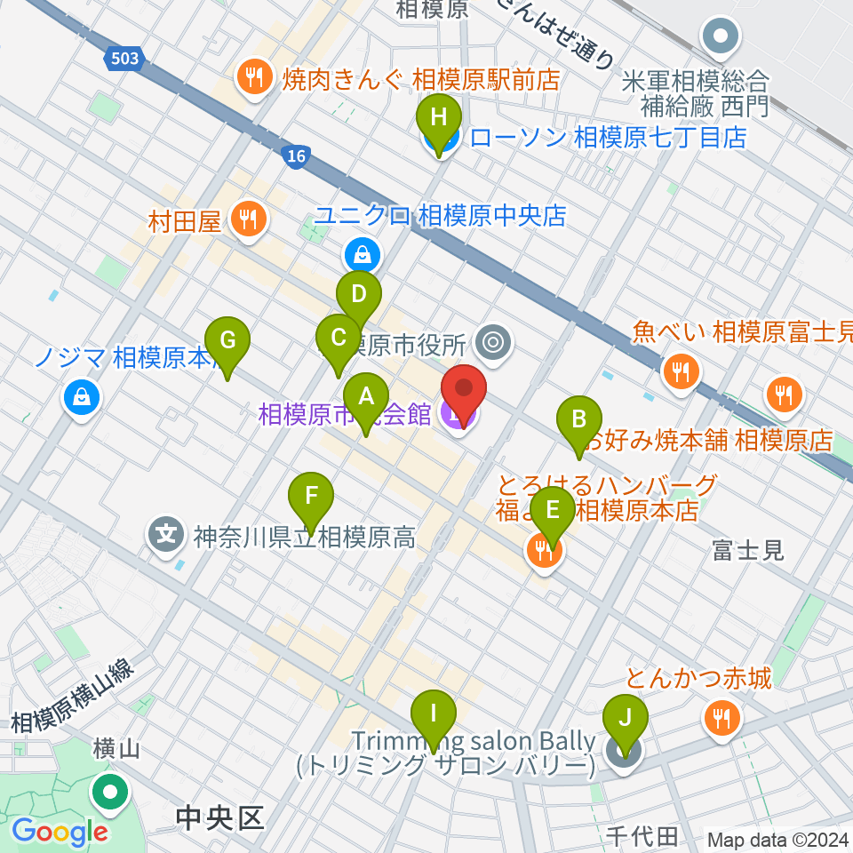 相模原市民会館周辺のコンビニエンスストア一覧地図