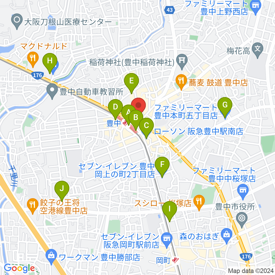 アミューズ豊中 ヤマハミュージック周辺のコンビニエンスストア一覧地図