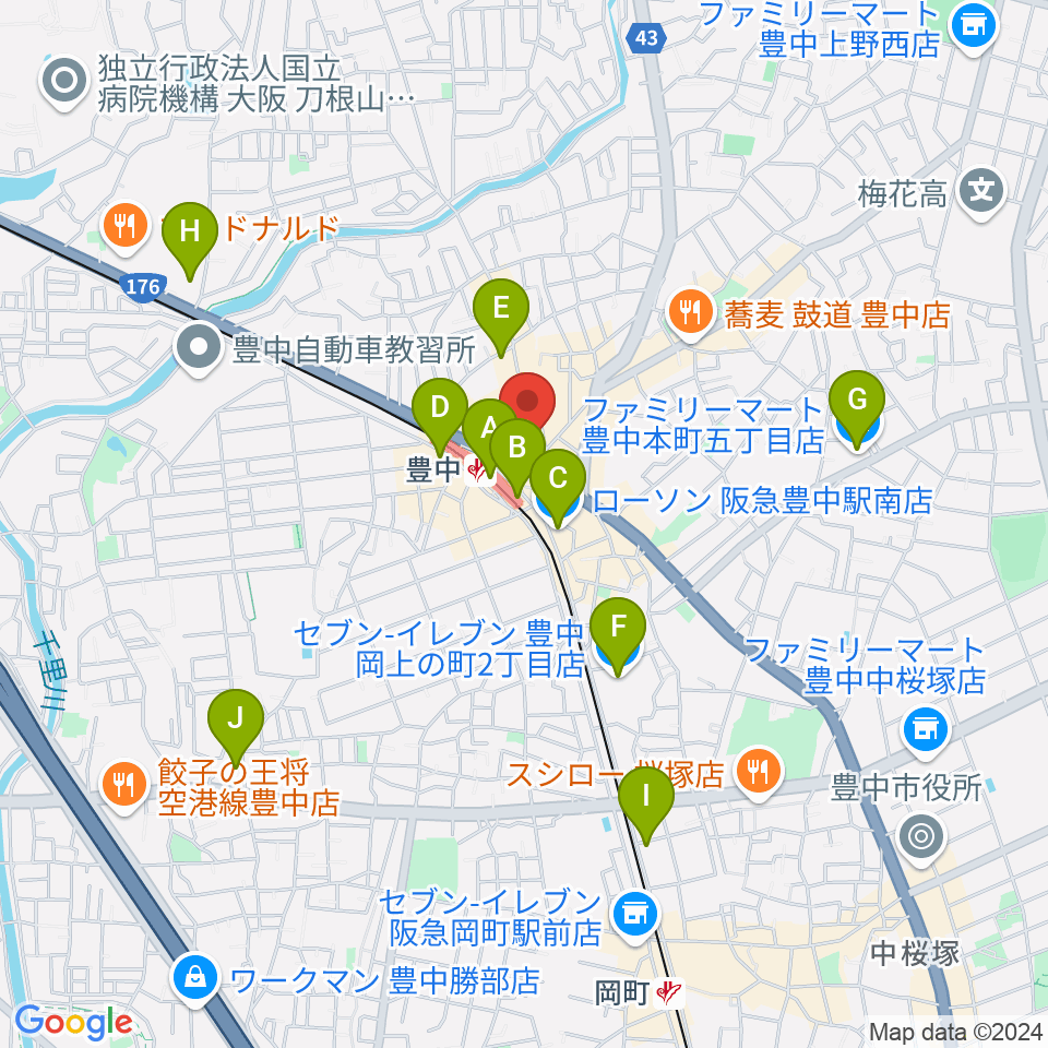 アミューズ豊中 ヤマハミュージック周辺のコンビニエンスストア一覧地図