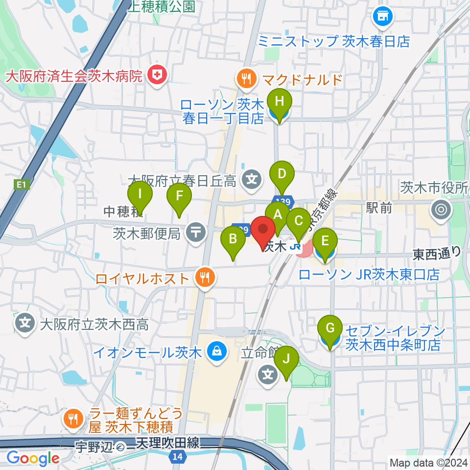 茨木センター ヤマハミュージック周辺のコンビニエンスストア一覧地図