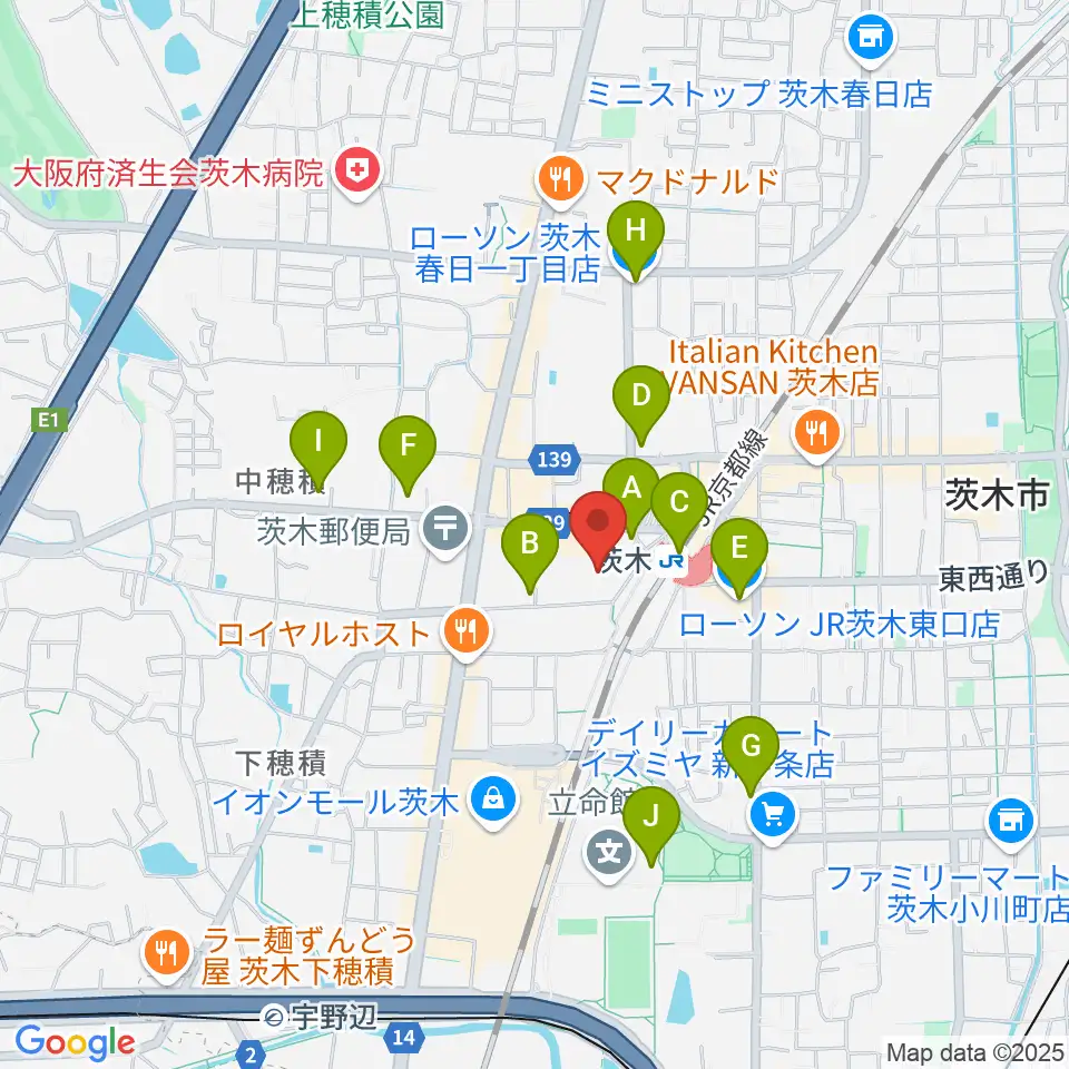 茨木センター ヤマハミュージック周辺のコンビニエンスストア一覧地図