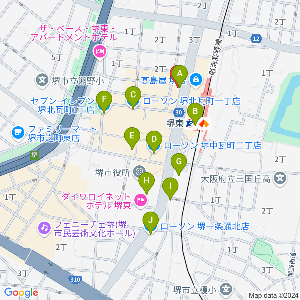 ヤマハミュージック 堺店周辺のコンビニエンスストア一覧地図