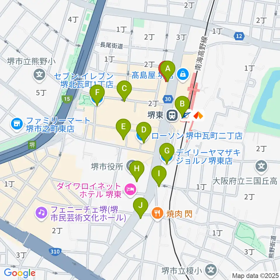 ヤマハミュージック 堺店周辺のコンビニエンスストア一覧地図