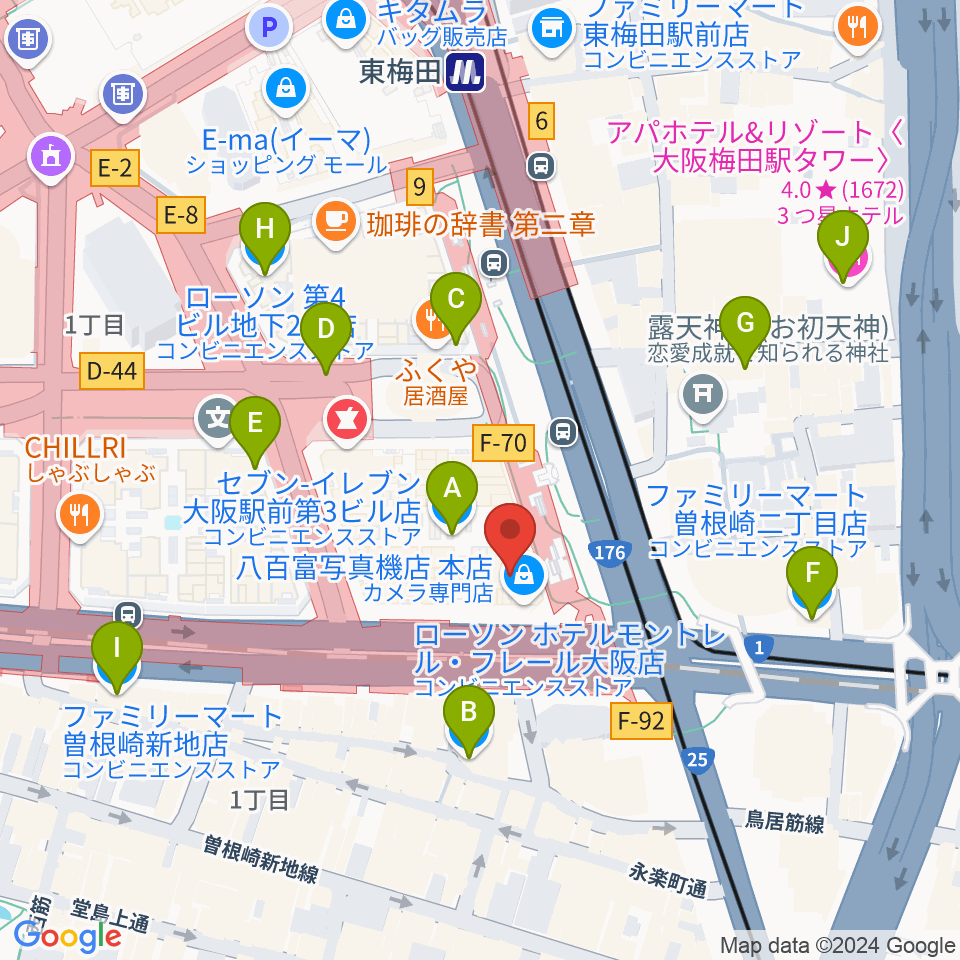 カワイ梅田周辺のコンビニエンスストア一覧地図