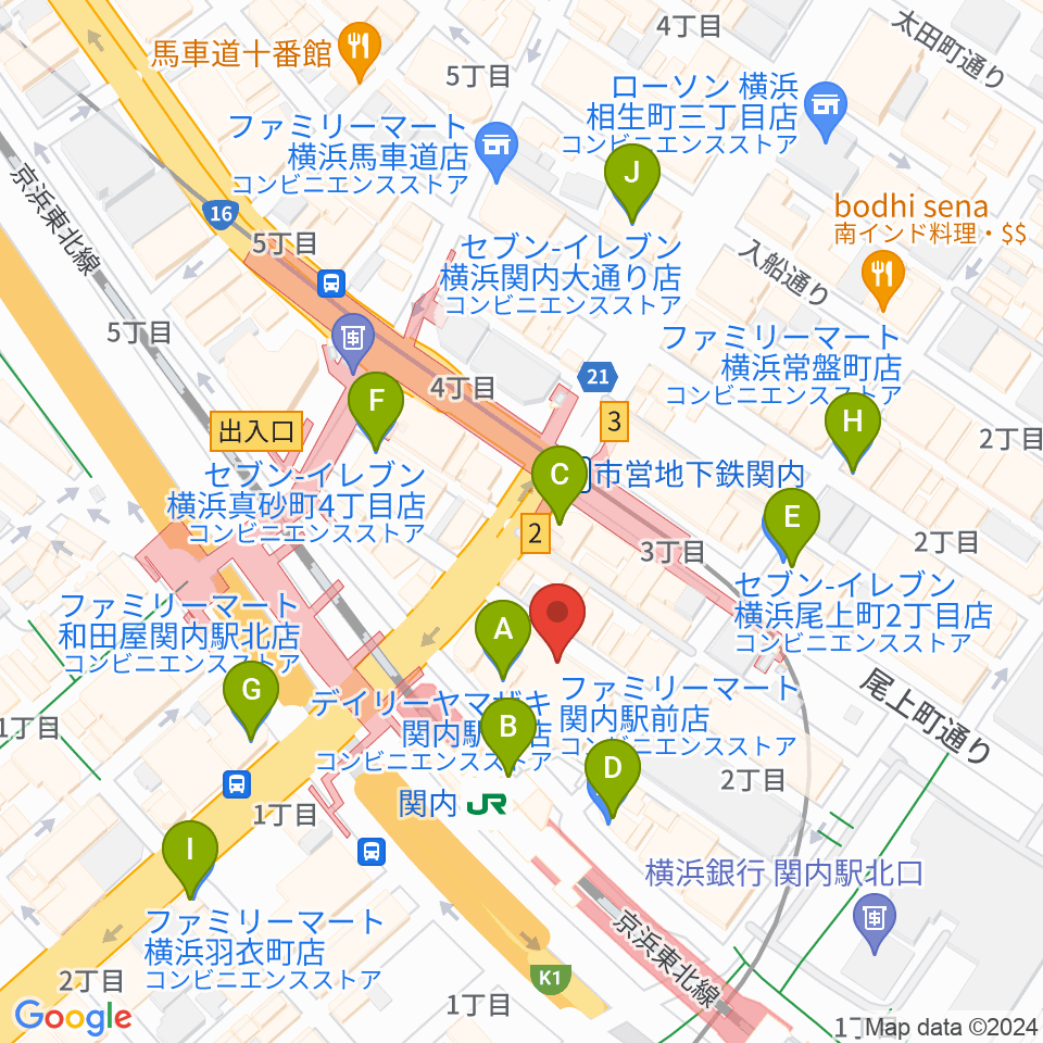 関内ヤンキース周辺のコンビニエンスストア一覧地図