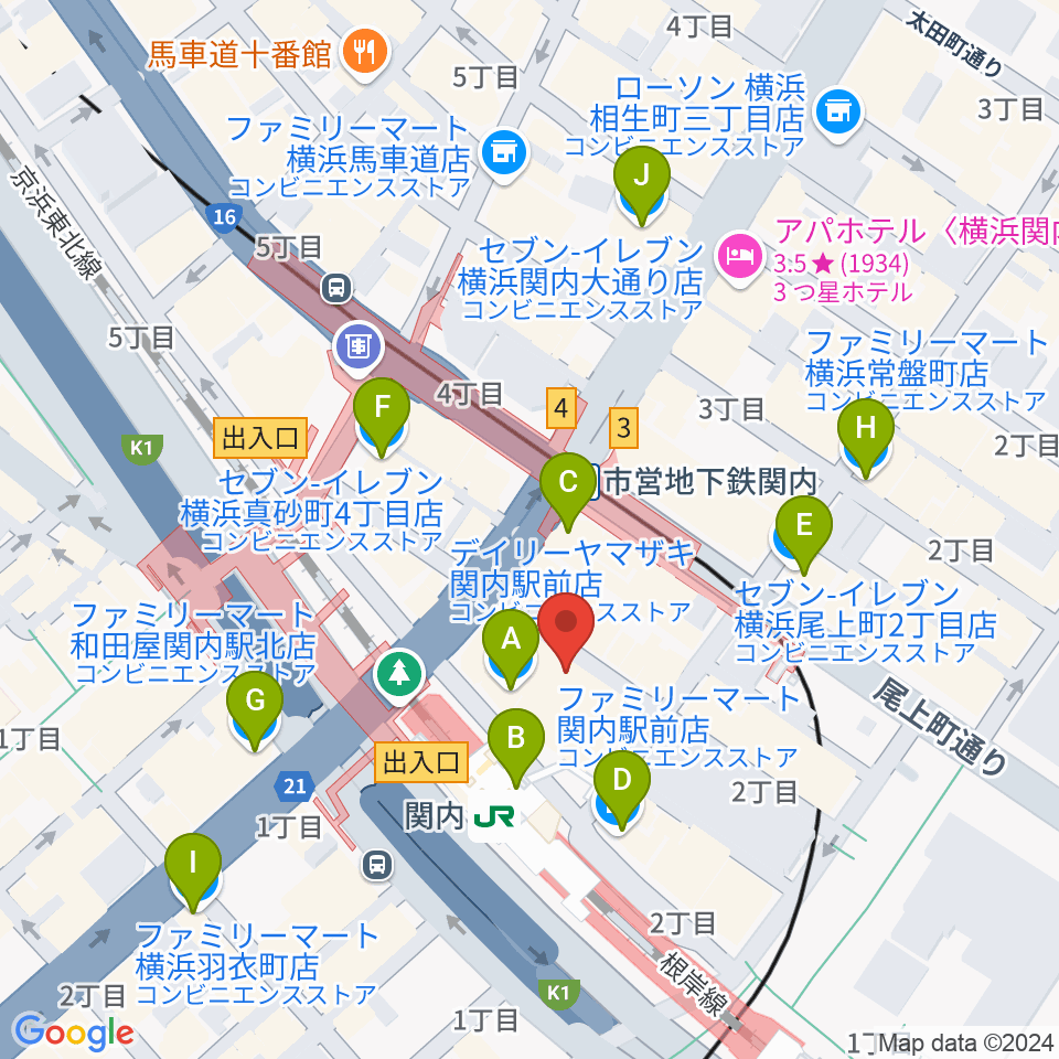 関内ヤンキース周辺のコンビニエンスストア一覧地図