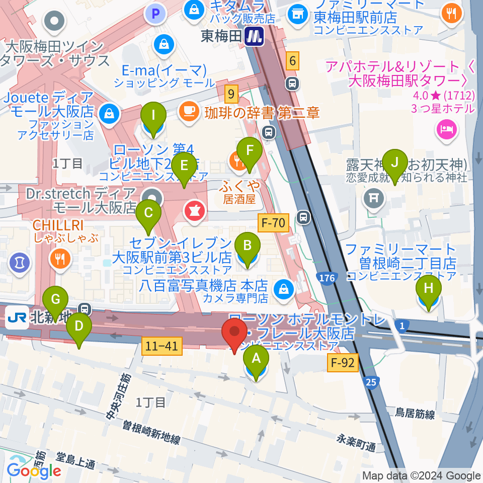 凛ミュージック 北新地音楽サロン周辺のコンビニエンスストア一覧地図