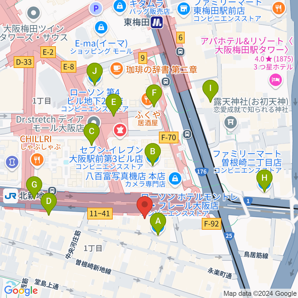 凛ミュージック 北新地音楽サロン周辺のコンビニエンスストア一覧地図