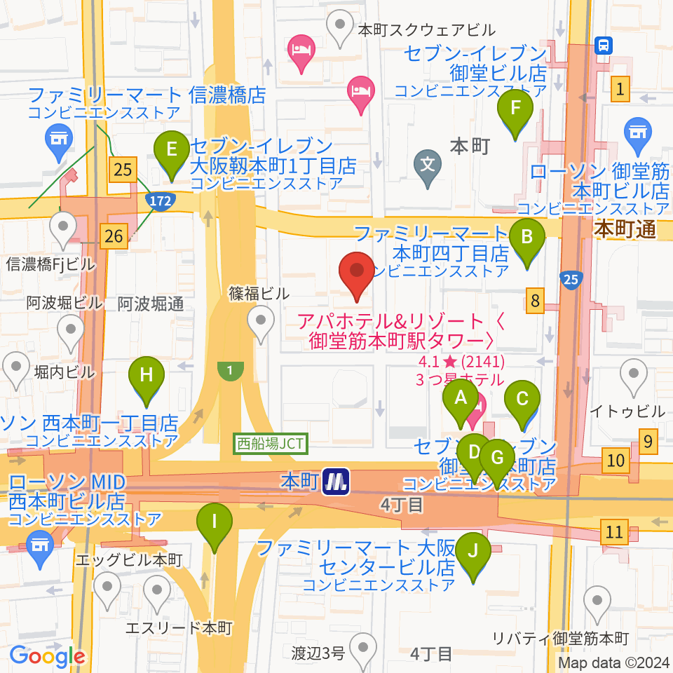 凛ミュージック 本町ピアノサロン周辺のコンビニエンスストア一覧地図