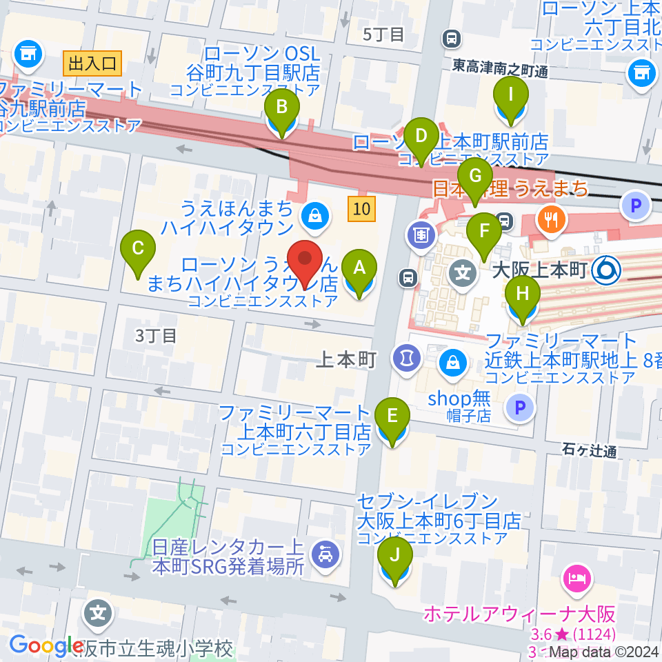 凛ミュージック 上本町ハイハイタウン教室周辺のコンビニエンスストア一覧地図