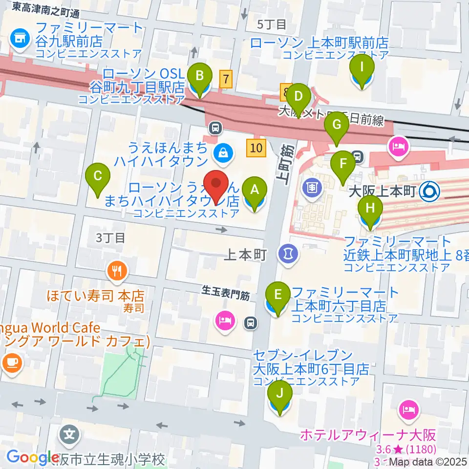 凛ミュージック 上本町ハイハイタウン教室周辺のコンビニエンスストア一覧地図
