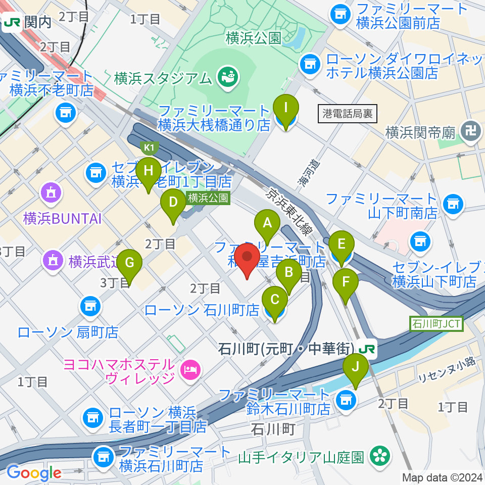 かながわ労働プラザ 音楽スタジオ周辺のコンビニエンスストア一覧地図