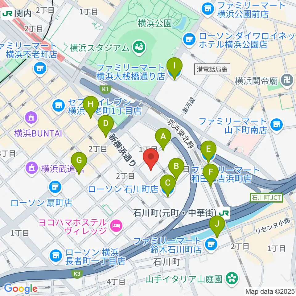 かながわ労働プラザ 音楽スタジオ周辺のコンビニエンスストア一覧地図