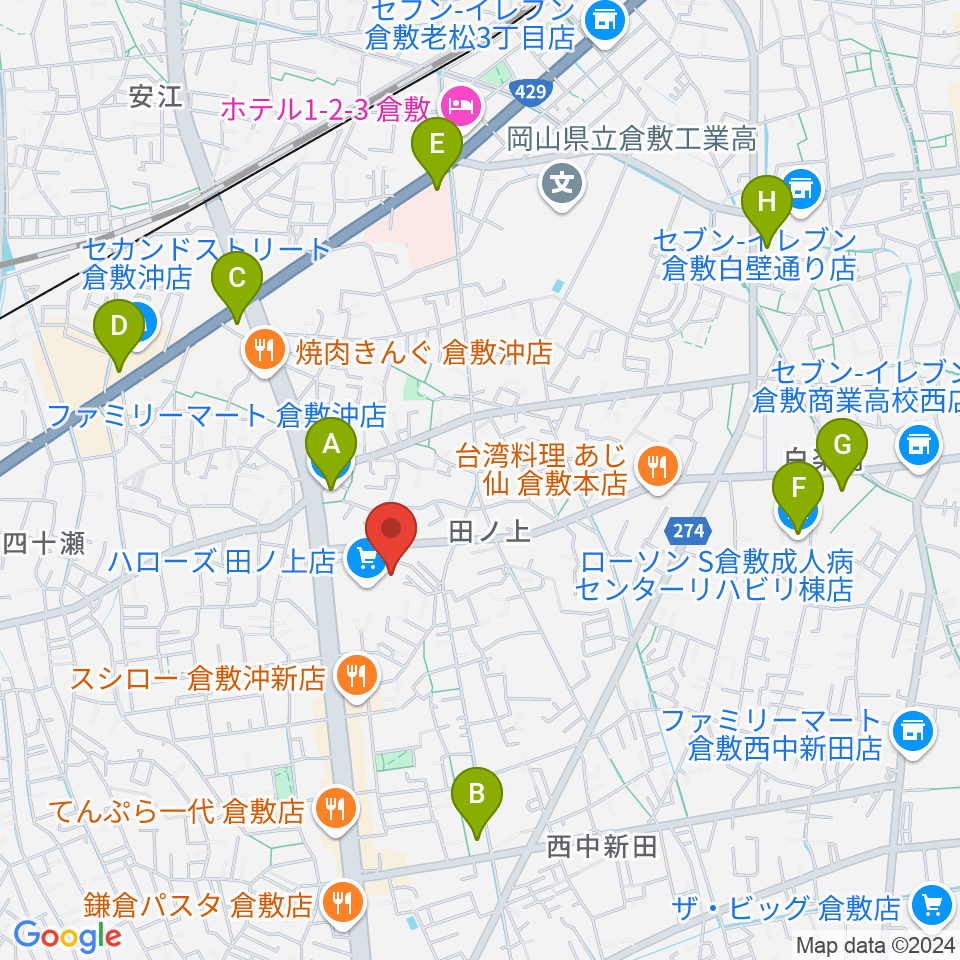 ミュージックアベニュー倉敷 ヤマハミュージック周辺のコンビニエンスストア一覧地図