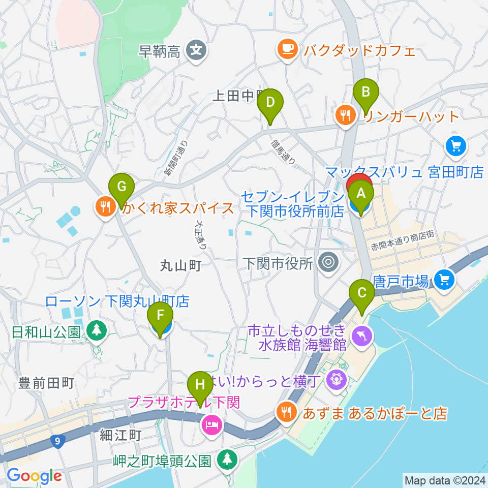 下関十字堂楽器店本店周辺のコンビニエンスストア一覧地図