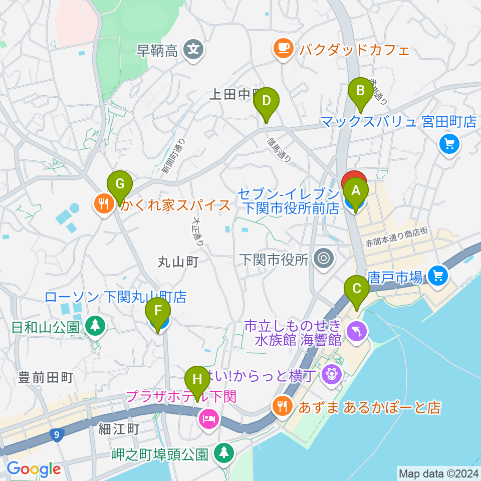 下関十字堂楽器店本店周辺のコンビニエンスストア一覧地図