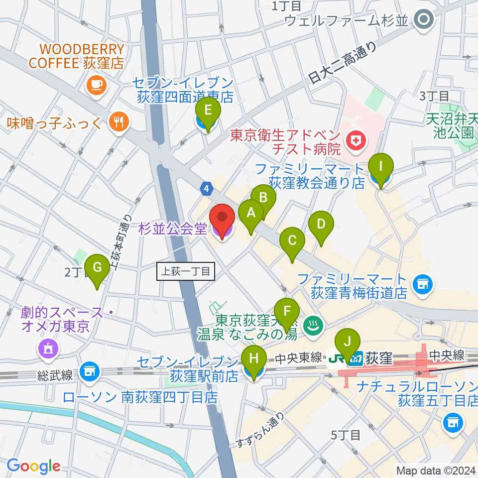 杉並公会堂 グランサロン・スタジオ周辺のコンビニエンスストア一覧地図