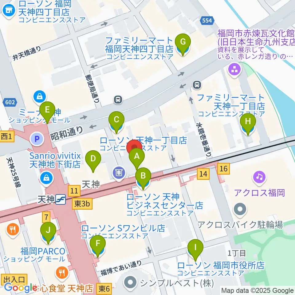 天神センター ヤマハミュージック周辺のコンビニエンスストア一覧地図