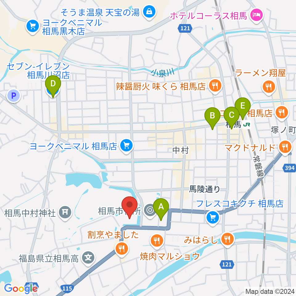 オアシス音楽センター（相馬センター）周辺のコンビニエンスストア一覧地図