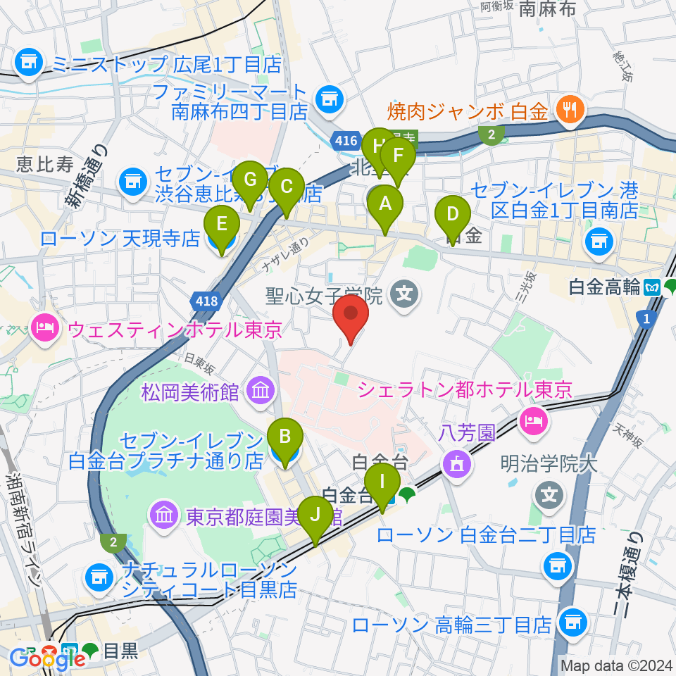 白金ドレミピアノ教室周辺のコンビニエンスストア一覧地図