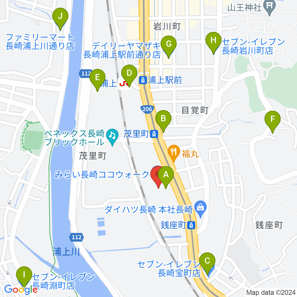 長崎ココウォークセンター ヤマハミュージック周辺のコンビニエンスストア一覧地図