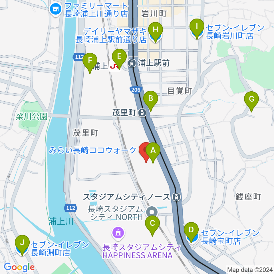 長崎ココウォークセンター ヤマハミュージック周辺のコンビニエンスストア一覧地図