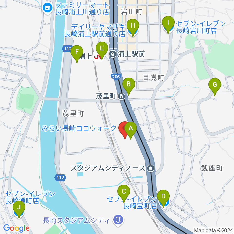 長崎ココウォークセンター ヤマハミュージック周辺のコンビニエンスストア一覧地図