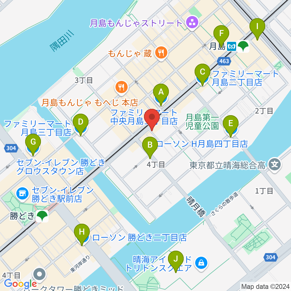 月島リトミックダンススタジオG&S周辺のコンビニエンスストア一覧地図