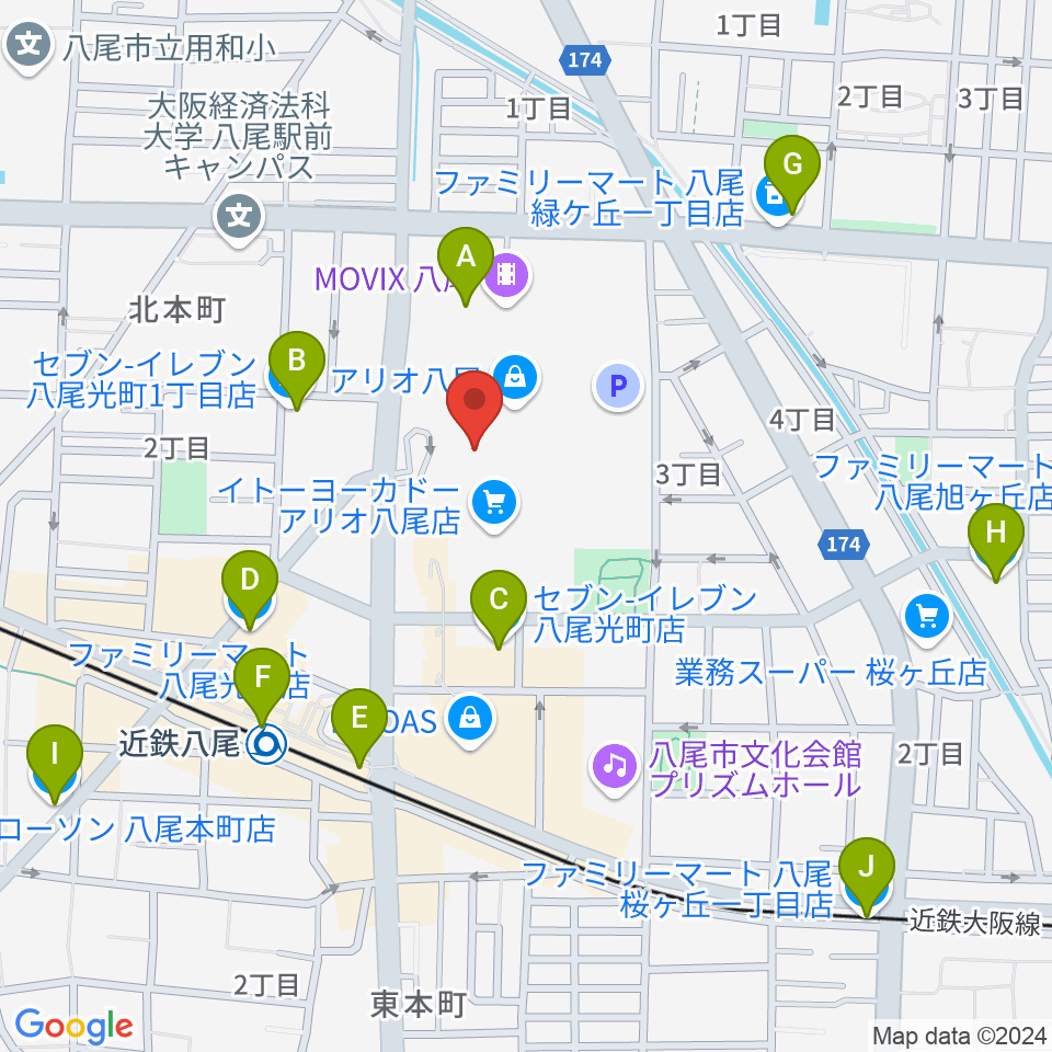 小阪楽器店 アリオ八尾店周辺のコンビニエンスストア一覧地図