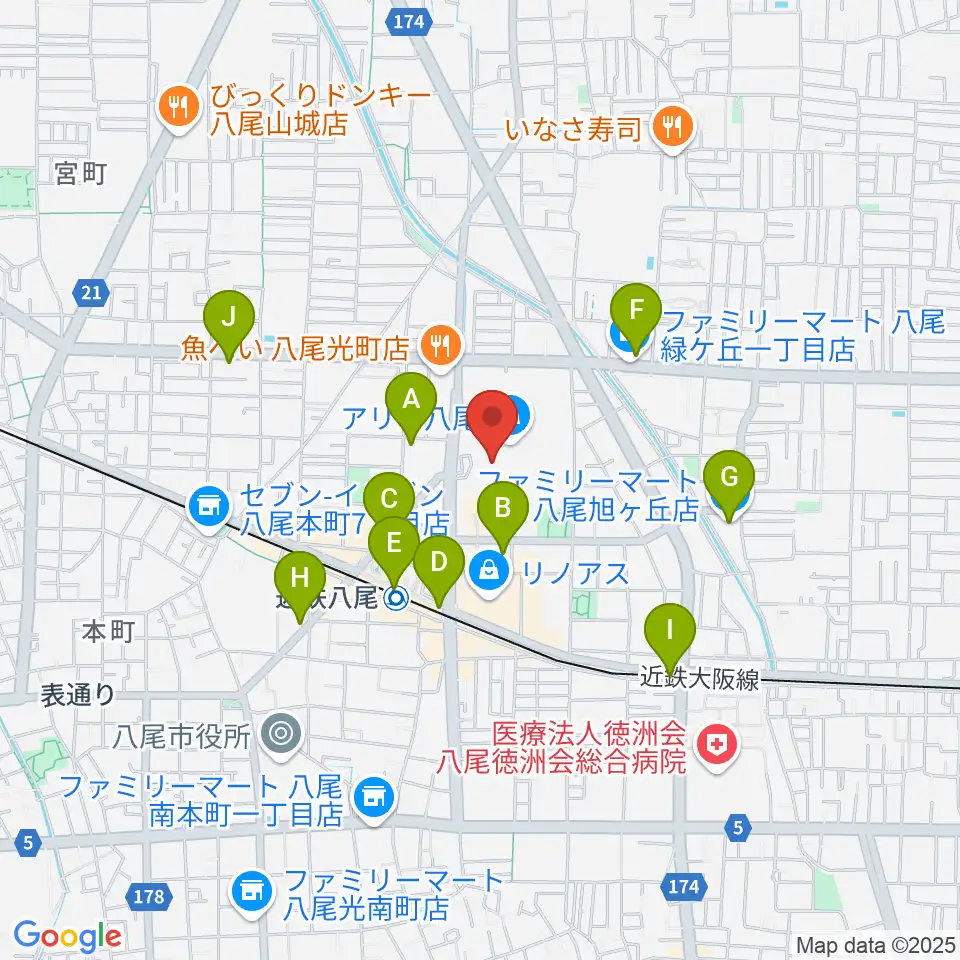 小阪楽器店 アリオ八尾店周辺のコンビニエンスストア一覧地図