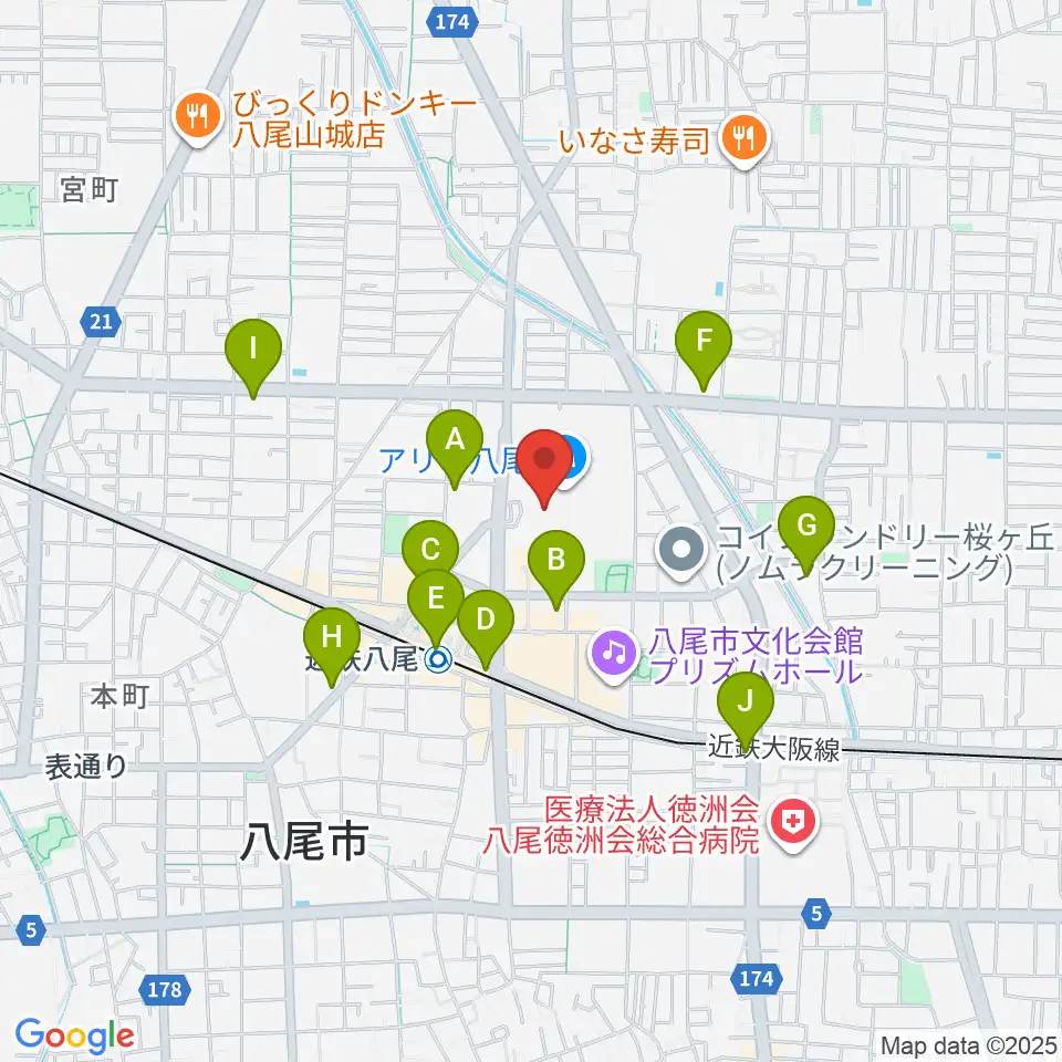 小阪楽器店 アリオ八尾店周辺のコンビニエンスストア一覧地図