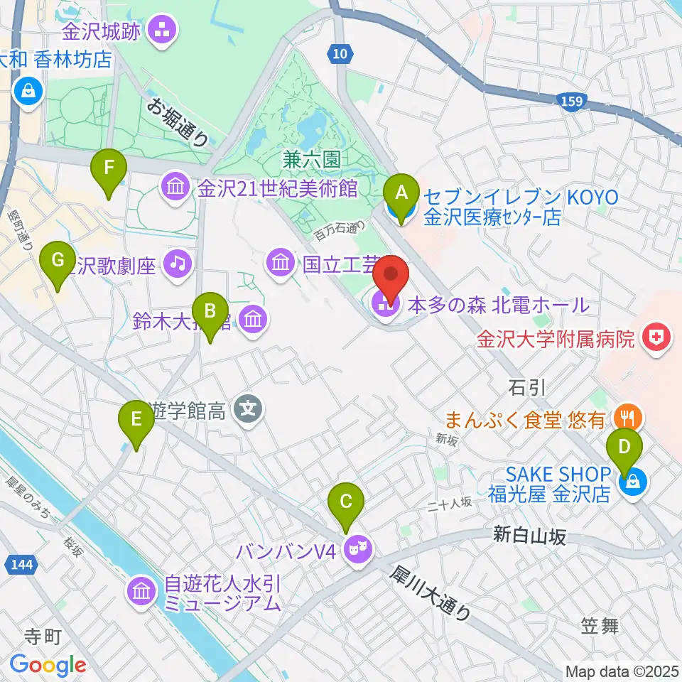 本多の森北電ホール周辺のコンビニエンスストア一覧地図