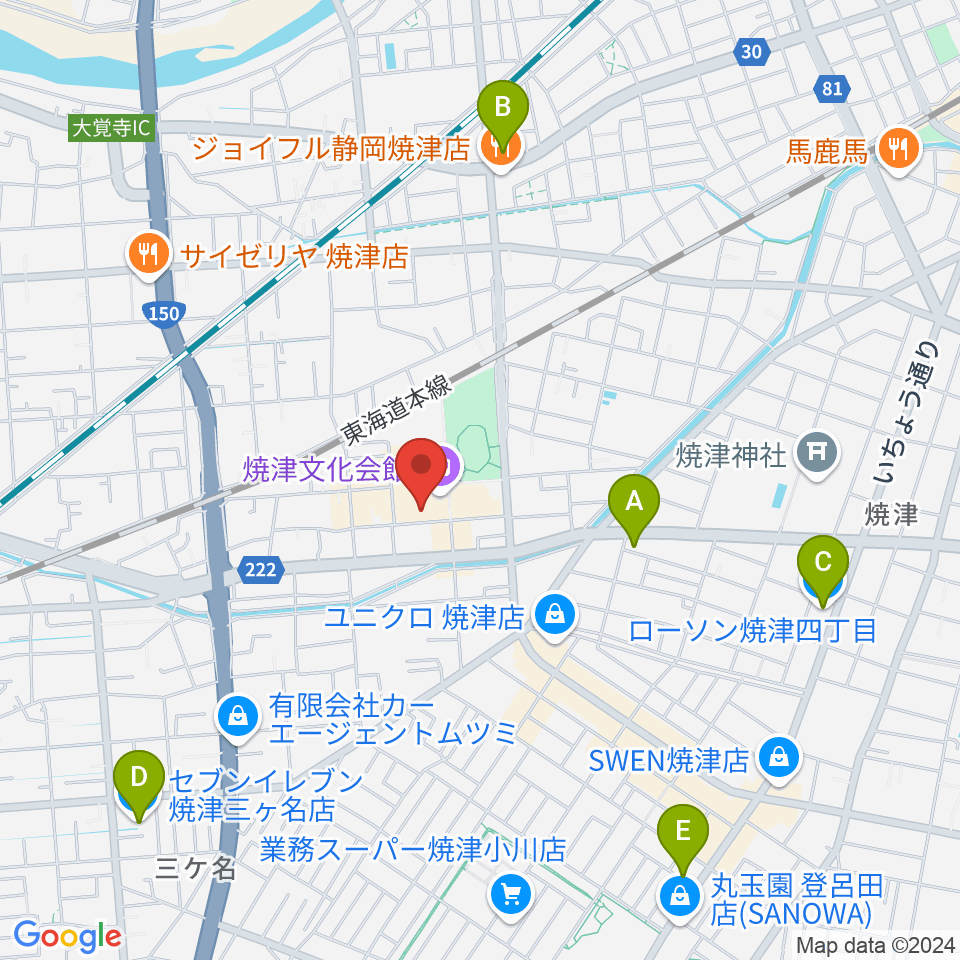 焼津文化会館周辺のコンビニエンスストア一覧地図