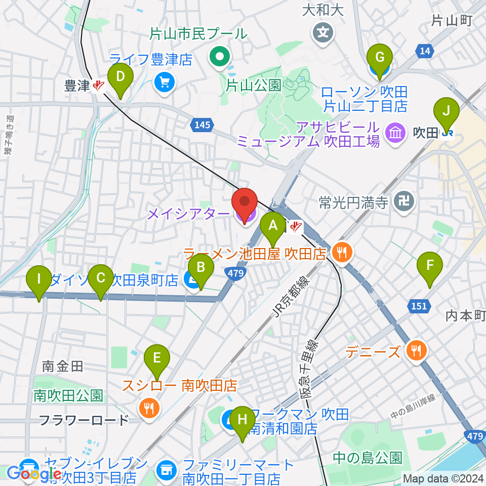 吹田市文化会館メイシアター周辺のコンビニエンスストア一覧地図